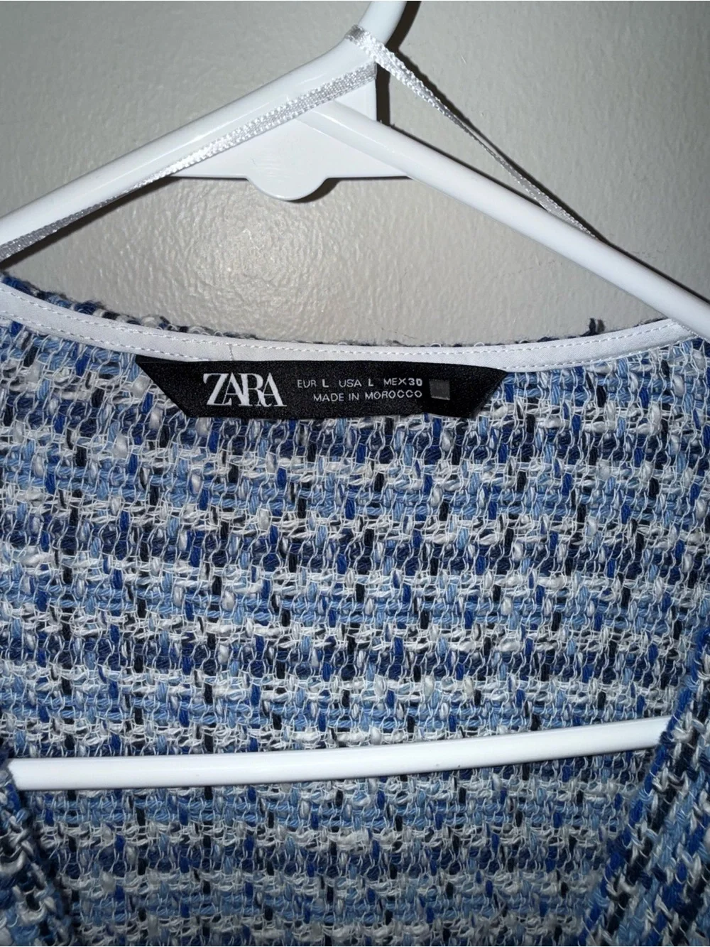 Zara Blue Tweed Crop Vest with White Puff Sleeves